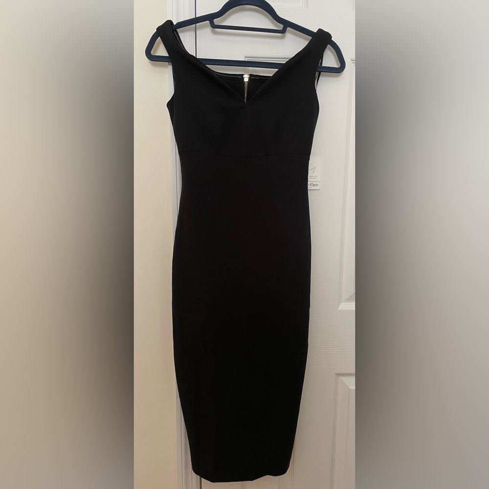 NEW Women Black Dress Elegant Evening Sexy Back Zip Gold Accent Midi Lady Formal